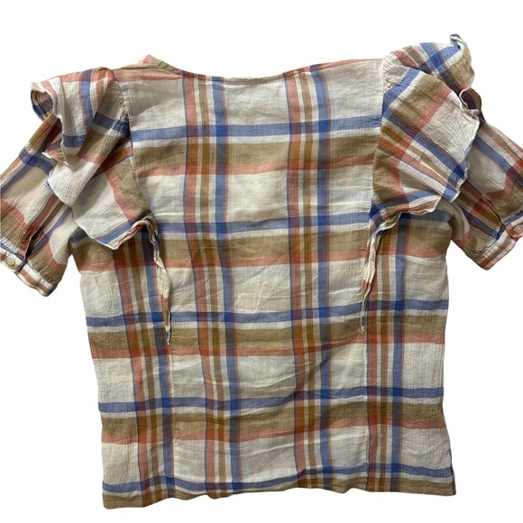 Madewell Plaid Ruffle Sleeve Top Blouse Womens XS Casual‎ Anthropologie - Picture 7 of 8